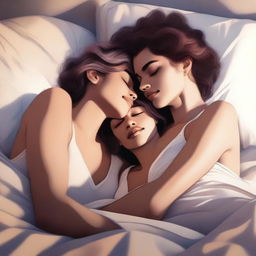 A tasteful digital art piece showcasing a lesbian couple in bed