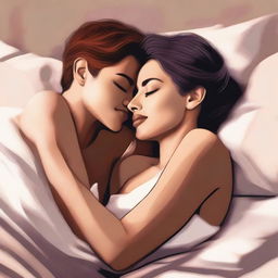 A tasteful digital art piece showcasing a lesbian couple in bed