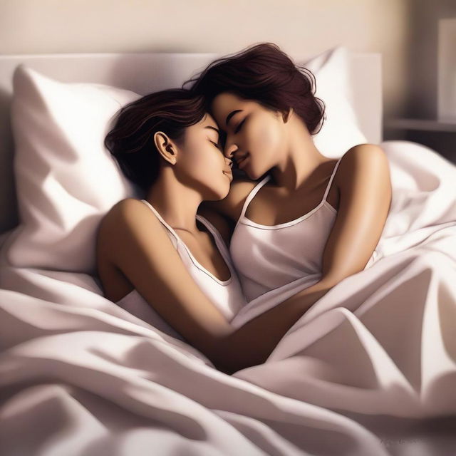 A tasteful digital art piece showcasing a lesbian couple in bed