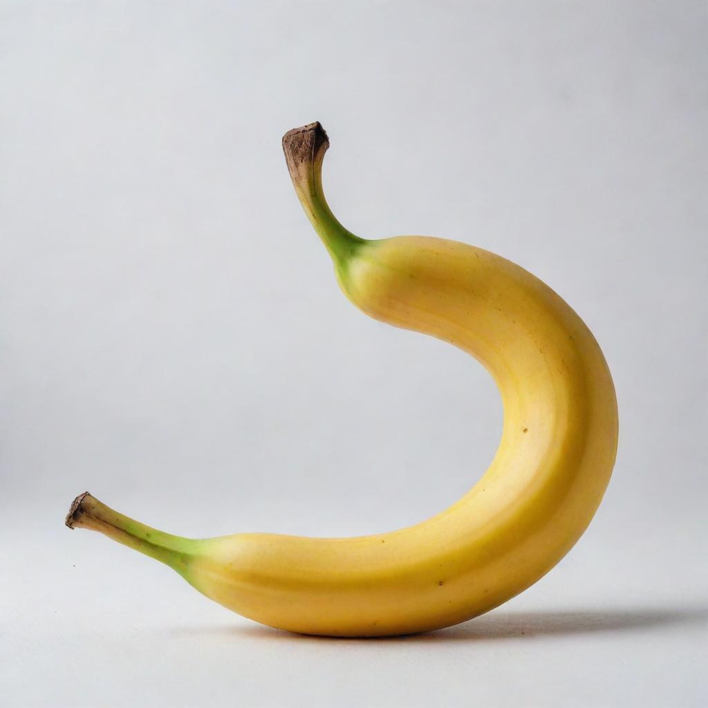 A ripe, vibrant yellow banana with a slight curvature, set against a minimalist white background.