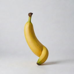 A ripe, vibrant yellow banana with a slight curvature, set against a minimalist white background.