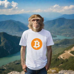 A monkey wearing a T-shirt marked with a Bitcoin logo standing atop a mountain, surrounded by a picturesque landscape.