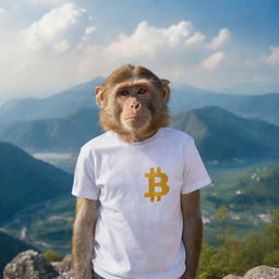 A monkey wearing a T-shirt marked with a Bitcoin logo standing atop a mountain, surrounded by a picturesque landscape.