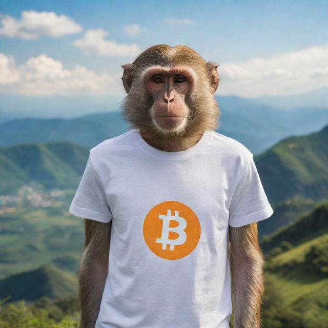 A monkey wearing a T-shirt marked with a Bitcoin logo standing atop a mountain, surrounded by a picturesque landscape.