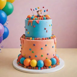 A comical 3-tier celebration cake with a hint of surprise. There's a person humorously trapped inside, poking their head out from the top, looking amazed and surrounded by colorful decorations.