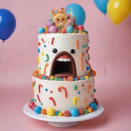 A comical 3-tier celebration cake with a hint of surprise. There's a person humorously trapped inside, poking their head out from the top, looking amazed and surrounded by colorful decorations.