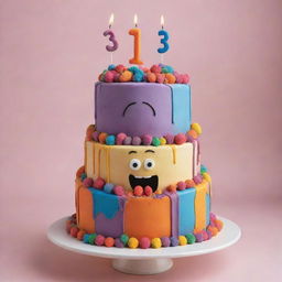 A comical 3-tier celebration cake with a hint of surprise. There's a person humorously trapped inside, poking their head out from the top, looking amazed and surrounded by colorful decorations.