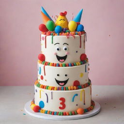 A comical 3-tier celebration cake with a hint of surprise. There's a person humorously trapped inside, poking their head out from the top, looking amazed and surrounded by colorful decorations.