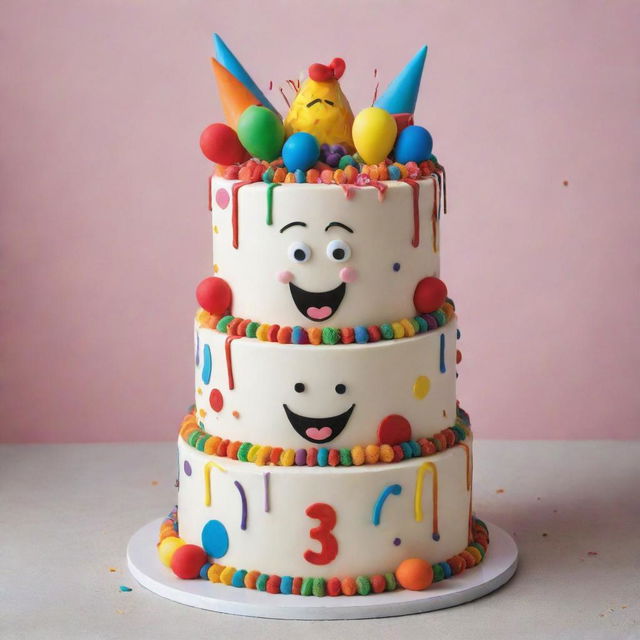 A comical 3-tier celebration cake with a hint of surprise. There's a person humorously trapped inside, poking their head out from the top, looking amazed and surrounded by colorful decorations.