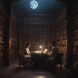 A fantasy-style library bathed in soothing moonlight, showcasing a couple deeply absorbed in reading a single book.