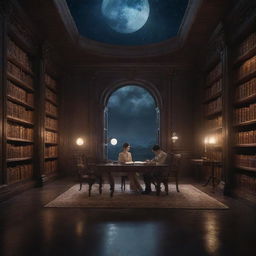 A fantasy-style library bathed in soothing moonlight, showcasing a couple deeply absorbed in reading a single book.