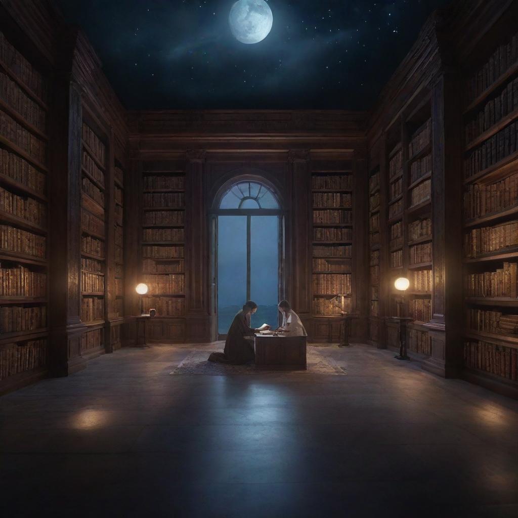 A fantasy-style library bathed in soothing moonlight, showcasing a couple deeply absorbed in reading a single book.