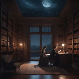 A fantasy-style library bathed in soothing moonlight, showcasing a couple deeply absorbed in reading a single book.