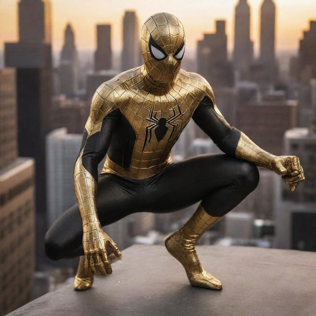 Spiderman in a shiny gold and black suit, striking a dynamic pose on the rooftops of a brightly lit city.