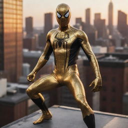 Spiderman in a shiny gold and black suit, striking a dynamic pose on the rooftops of a brightly lit city.