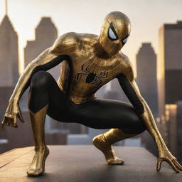 Spiderman in a shiny gold and black suit, striking a dynamic pose on the rooftops of a brightly lit city.