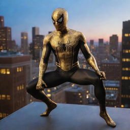 Spiderman in a shiny gold and black suit, striking a dynamic pose on the rooftops of a brightly lit city.