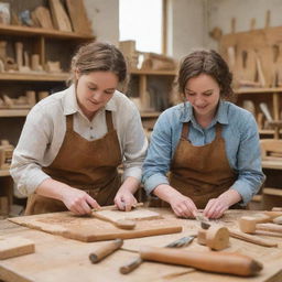 Two women engaged in woodworking, surrounded by a variety of traditional wooden tools, creating artisan wooden objects in a well-lit workshop.