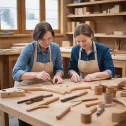 Two women engaged in woodworking, surrounded by a variety of traditional wooden tools, creating artisan wooden objects in a well-lit workshop.