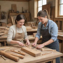 Two women engaged in woodworking, surrounded by a variety of traditional wooden tools, creating artisan wooden objects in a well-lit workshop.