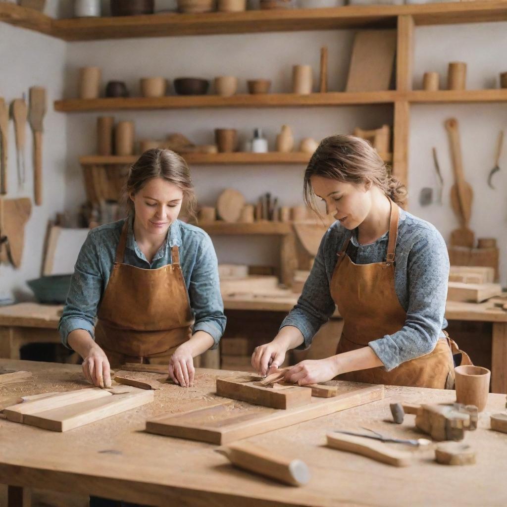 Two women engaged in woodworking, surrounded by a variety of traditional wooden tools, creating artisan wooden objects in a well-lit workshop.