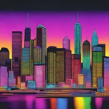 The artist created a visually stunning piece of art featuring a city skyline with transistorized buildings and bright neon lights.