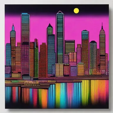 The artist created a visually stunning piece of art featuring a city skyline with transistorized buildings and bright neon lights.