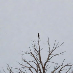 A lone bird perched atop a barren tree, surrounded by fallen feathers representing its departed flock.