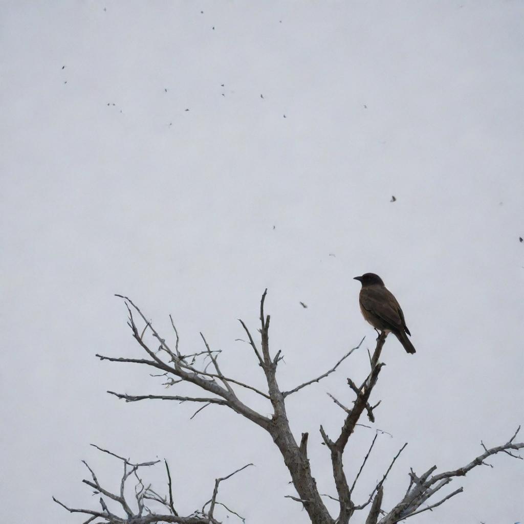 A lone bird perched atop a barren tree, surrounded by fallen feathers representing its departed flock.