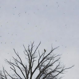 A lone bird perched atop a barren tree, surrounded by fallen feathers representing its departed flock.