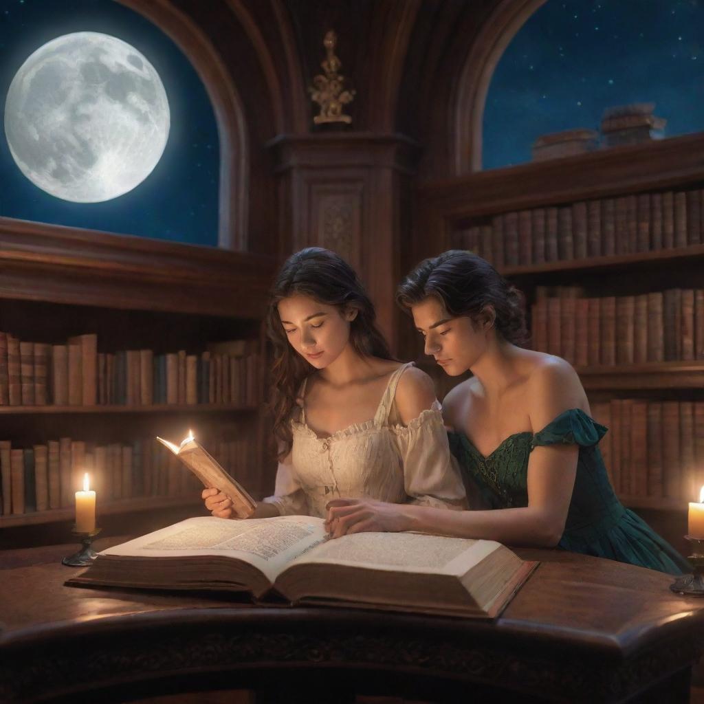 A man and woman of stunning beauty immersed in a book within an enchanting fantasy library, all under the serene glow of a shining moon.