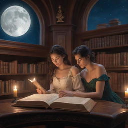 A man and woman of stunning beauty immersed in a book within an enchanting fantasy library, all under the serene glow of a shining moon.