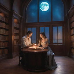 A man and woman of stunning beauty immersed in a book within an enchanting fantasy library, all under the serene glow of a shining moon.