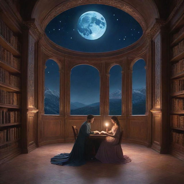 A man and woman of stunning beauty immersed in a book within an enchanting fantasy library, all under the serene glow of a shining moon.