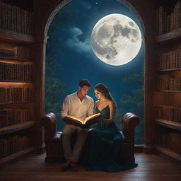 A man and woman of stunning beauty immersed in a book within an enchanting fantasy library, all under the serene glow of a shining moon.