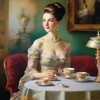 The famous painting depicts a captivating scene of an elegant lady enjoying a cupper in a luxurious tea room.