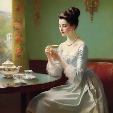 The famous painting depicts a captivating scene of an elegant lady enjoying a cupper in a luxurious tea room.