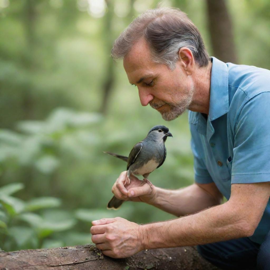 A compassionate man gently tending to an injured bird with a backdrop of a serene, natural environment.