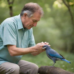 A compassionate man gently tending to an injured bird with a backdrop of a serene, natural environment.