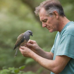 A compassionate man gently tending to an injured bird with a backdrop of a serene, natural environment.