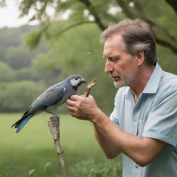 A compassionate man gently tending to an injured bird with a backdrop of a serene, natural environment.