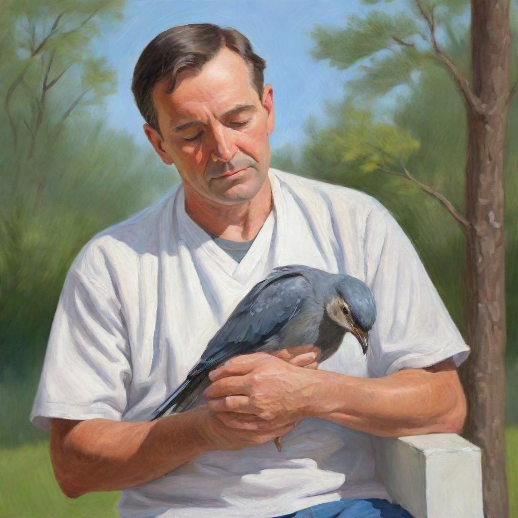 A cartoon-style portrait of a caring man tenderly nursing a wounded bird back to health in a peaceful outdoor setting.