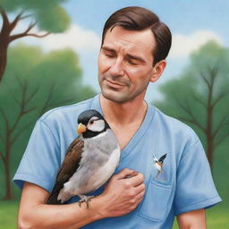 A cartoon-style portrait of a caring man tenderly nursing a wounded bird back to health in a peaceful outdoor setting.