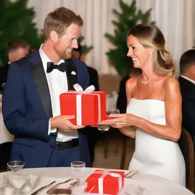The couple exchanged presents during their anniversary dinner.