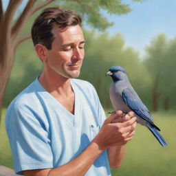 A cartoon-style portrait of a caring man tenderly nursing a wounded bird back to health in a peaceful outdoor setting.