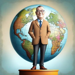 A high-quality digital art depicts a man with a prominent head, standing confidently atop a globe