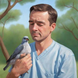 A cartoon-style portrait of a caring man tenderly nursing a wounded bird back to health in a peaceful outdoor setting.