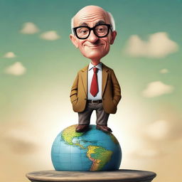 A high-quality digital art depicts a man with a prominent head, standing confidently atop a globe