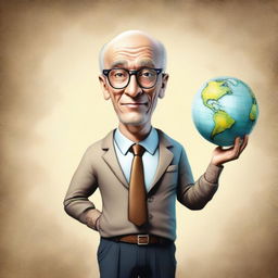 A high-quality digital art depicts a man with a prominent head, standing confidently atop a globe