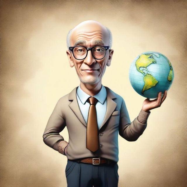 A high-quality digital art depicts a man with a prominent head, standing confidently atop a globe
